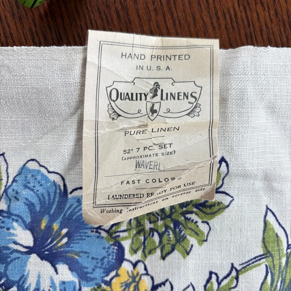 NOS Vintage Waverly Linen Tablecloth Hand Printed Blue Yellow Floral 52x52 USA